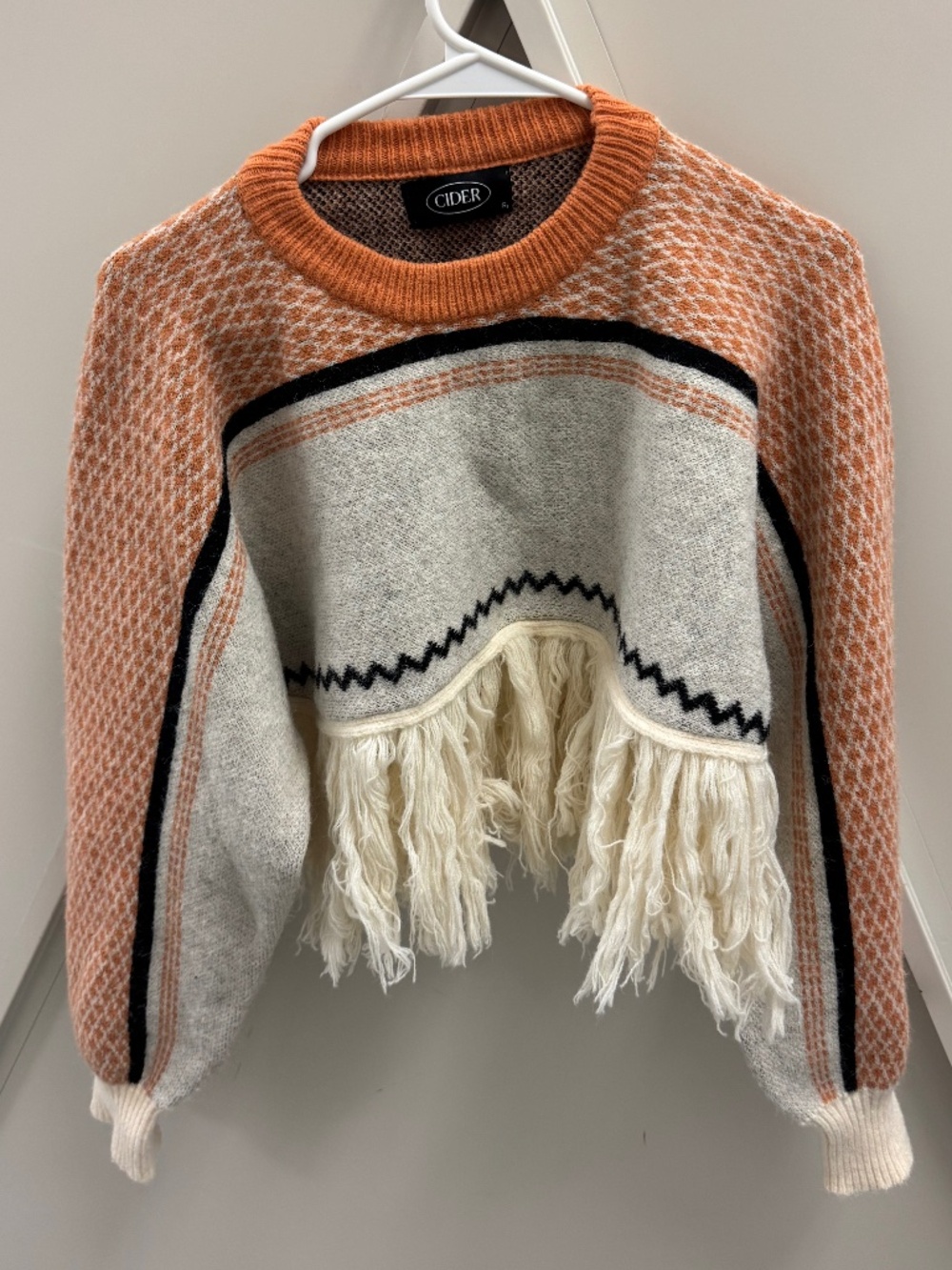 Cider Fringe Patchy Sweater, Size S